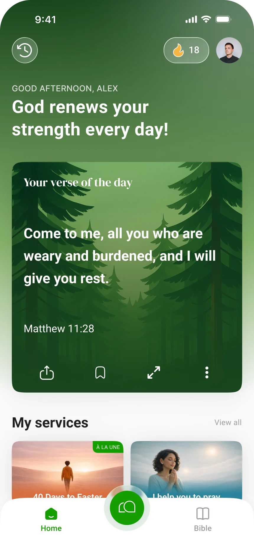 A daily verse card alongside practice entry points